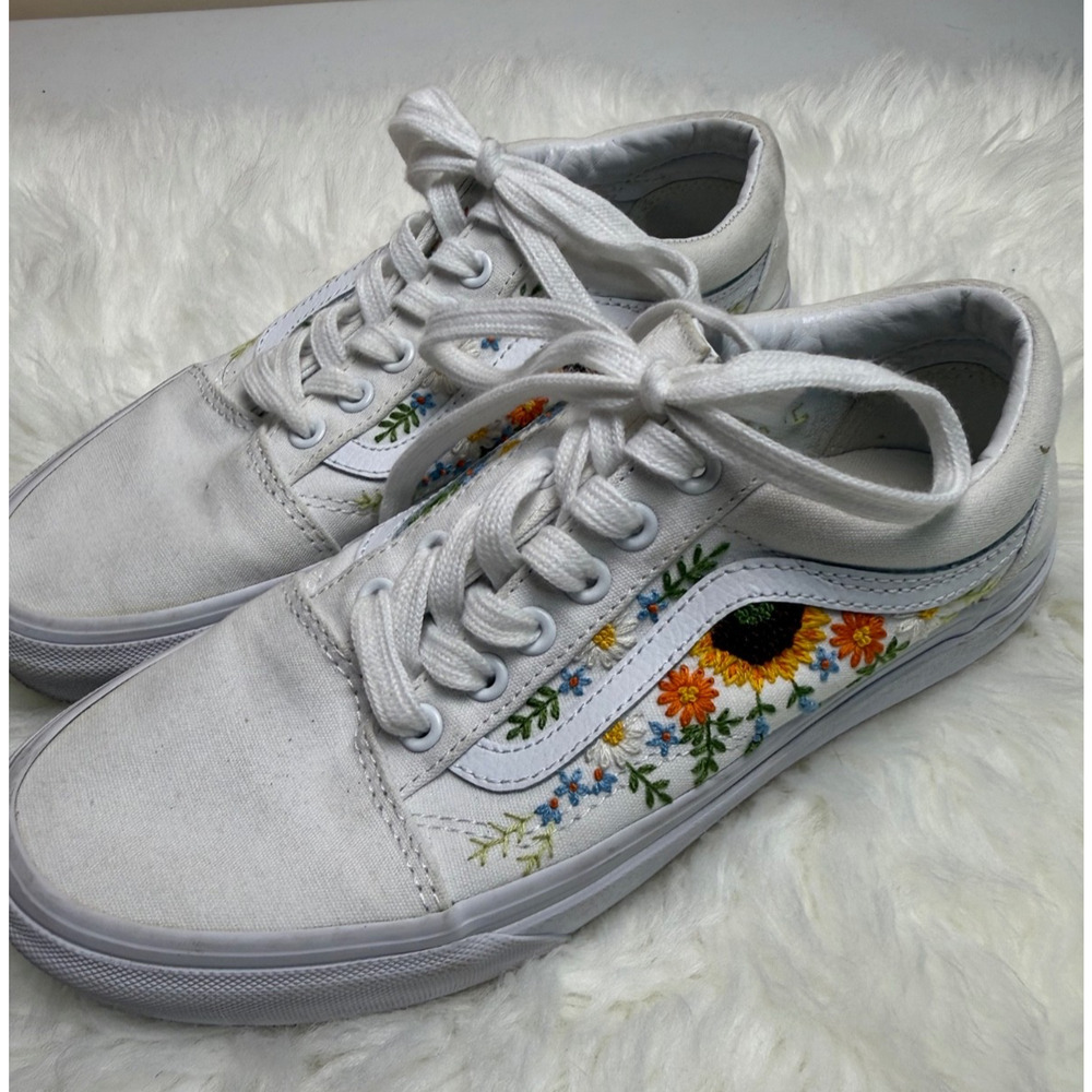 Vans Custom Sunflower Floral Embroidered Shoes Gym Sneakers Old Skool White